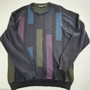 Marcello Italy Mens XL Merino Wool Blend Sweater Navy Blue Geometric‎ Colorblock